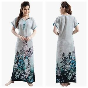 ENORA Women's Blue Floral Cotton Lightweight Maxi Dress Size XL Pullover Pocket.